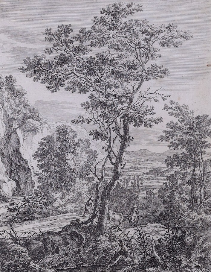 Jan Both (1610-1652), two engravings, Travellers in an Italianate landscape, 26 x 20cm and eleven other assorted engravings